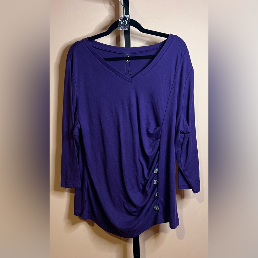 Purple Ruched 3/4 Sleeve V-Neck Blouse